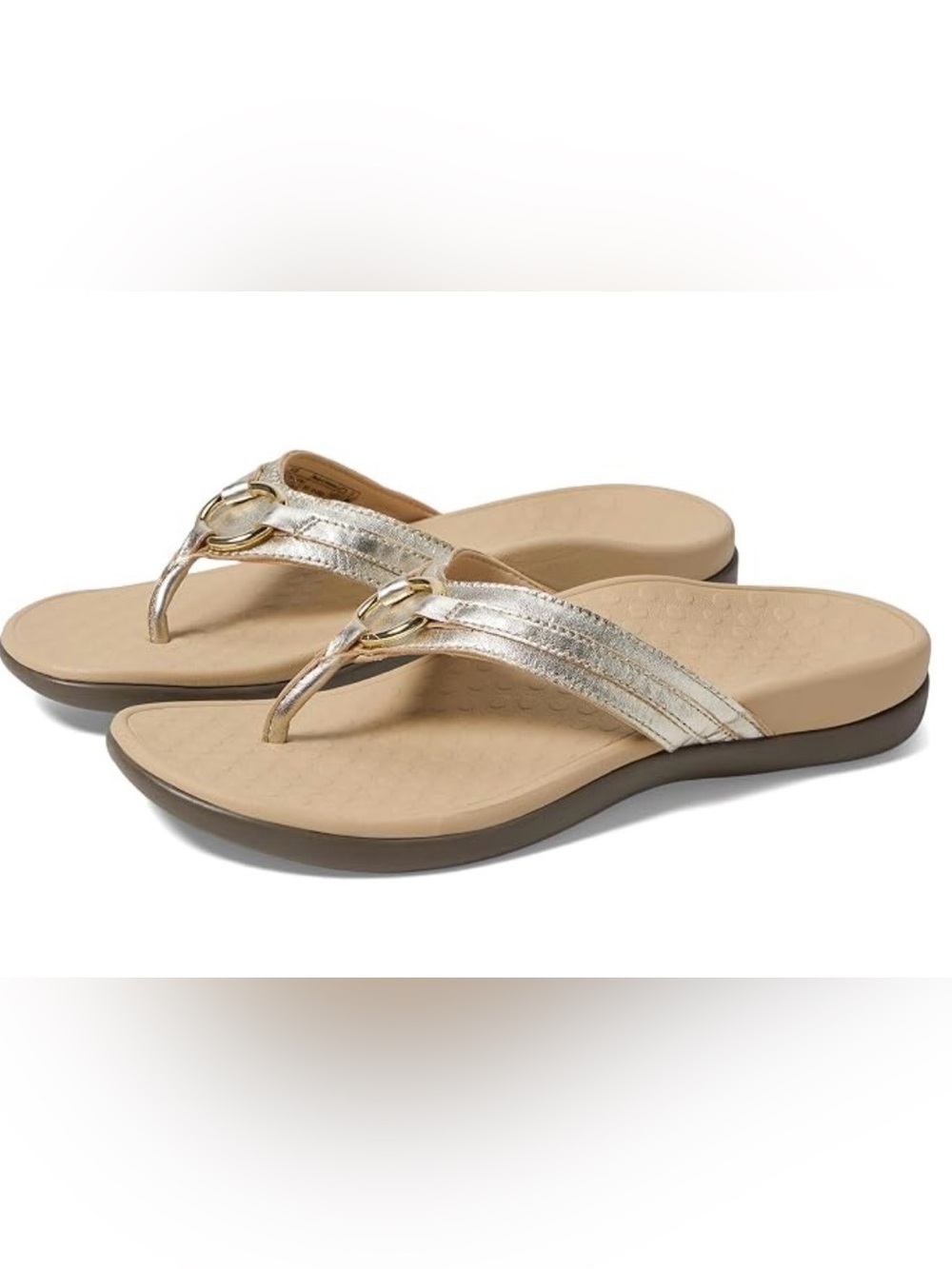 VIONIC Metallic White Gold Women's Thong Sandals w Gold Ring Size 10 Nearly New